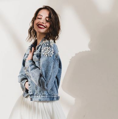 Pearl Cluster Beaded Wifey Denim Jacket